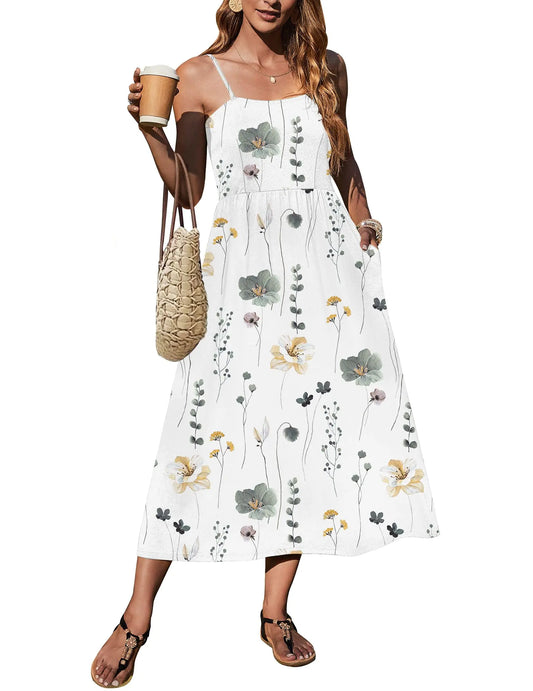 Zeagoo Summer Dress for Women Casual Sundresses with Straps Sleeveless Midi Dress with Pockets Long Maxi Dress with Pocket White Floral M